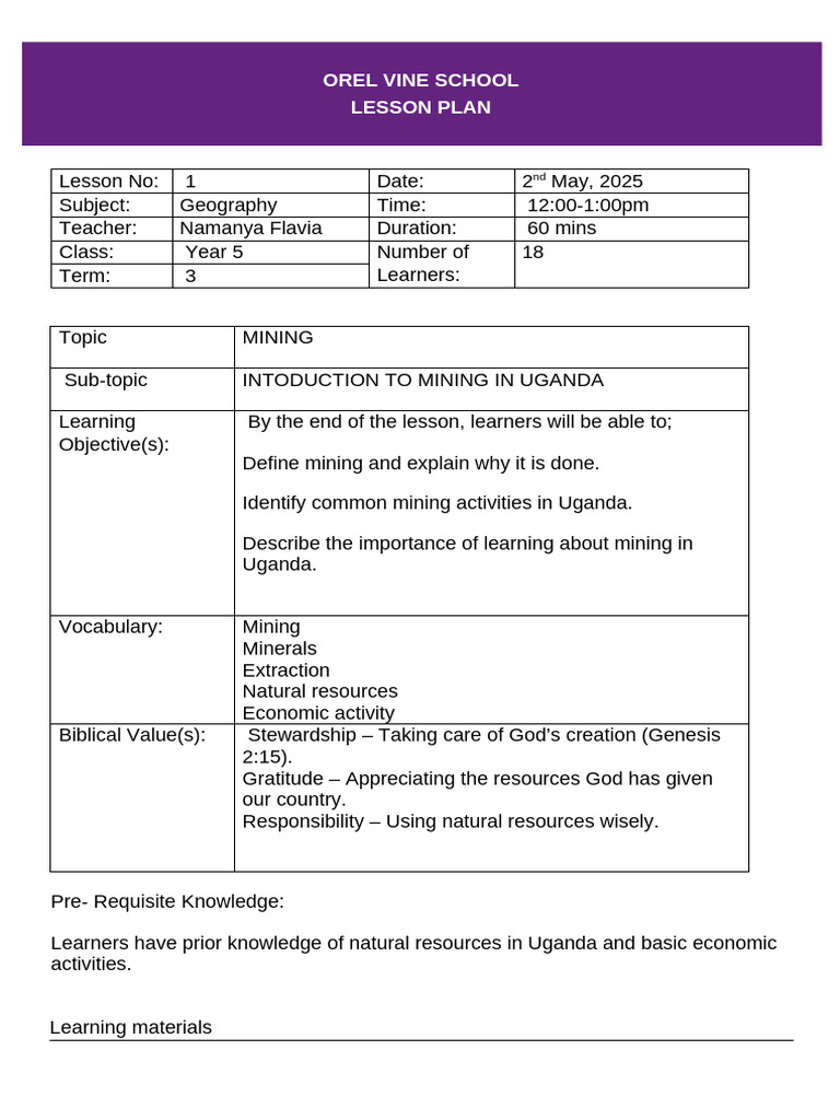Lesson Plan Geo | PDF | Learning | Mining
