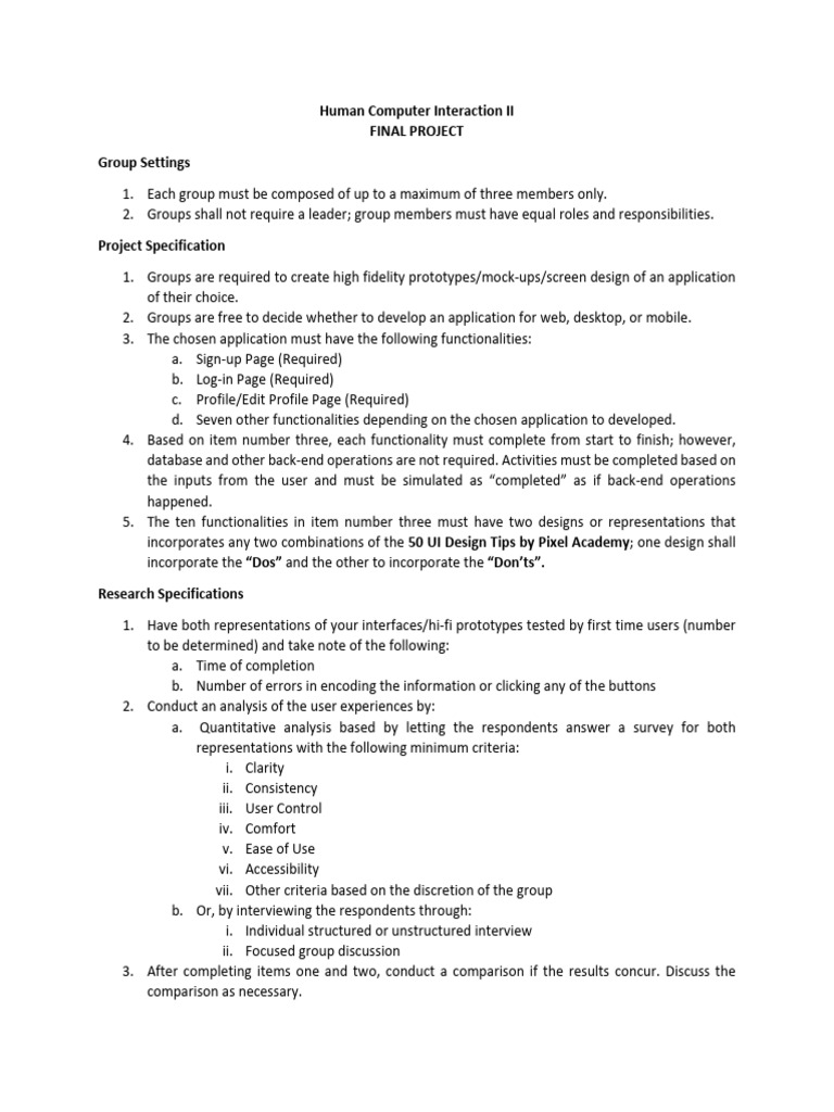 HCI2 Final Project Specs | PDF | User Interface | Usability