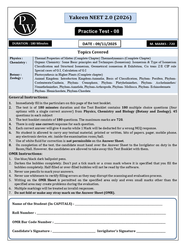 NEET 2026 Practice Test 08 Guide | PDF | Thermal Expansion | Heat