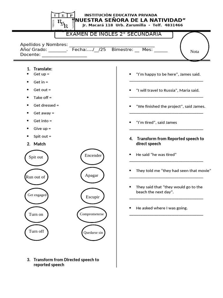 Examen de Inglés 2° Secundaria - Octubre | PDF