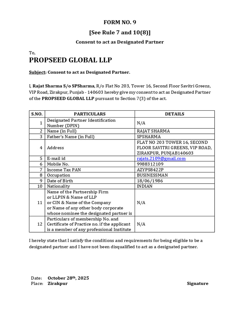 Form-9 - Consent - Rajat Sharma | PDF
