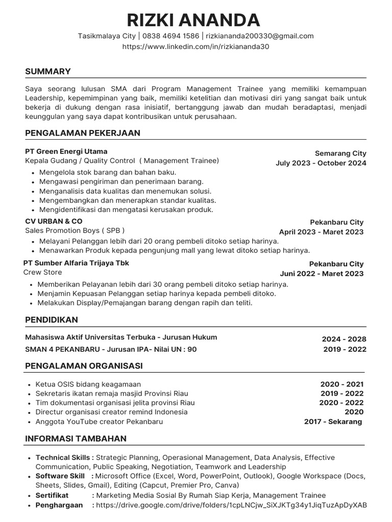 Profil Rizki Ananda: Lulusan Management Trainee | PDF