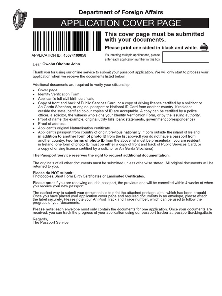 Irish Passport Application Cover Page | PDF | Identity Document ...