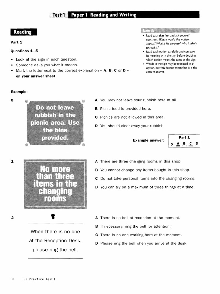 reading writing listening PET test 2 | PDF