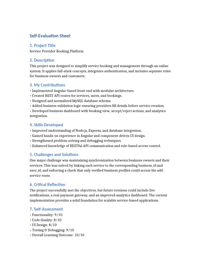 Self Evaluation Sheet | PDF