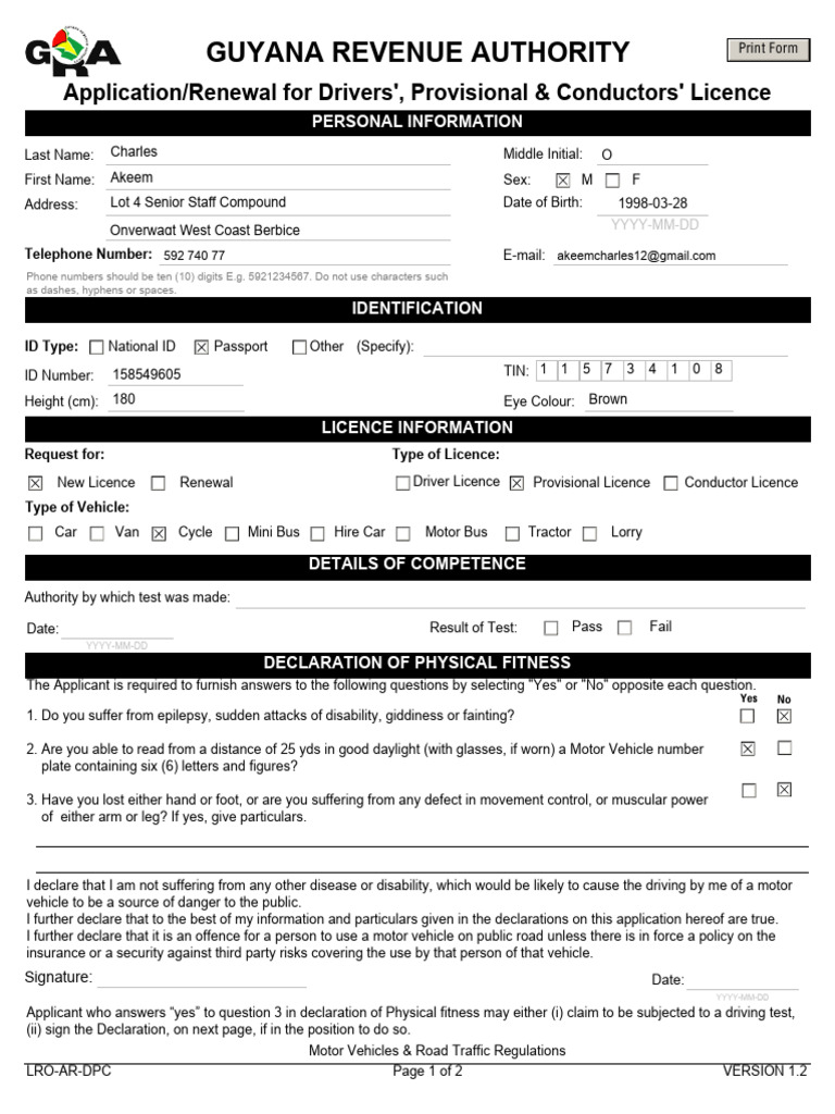 Driver's Licence Application Form | PDF | Driver's License | Driving
