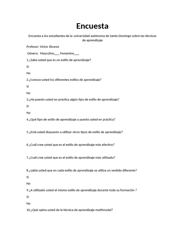 Encuesta sobre Estilos de Aprendizaje UASD | PDF