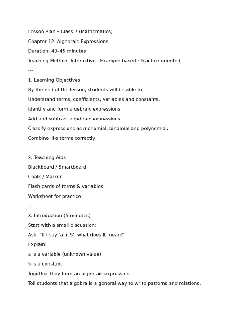 Algebraic Expressions Lesson Plan | PDF | Polynomial | Variable ...
