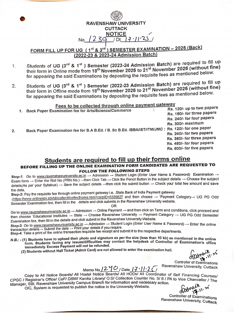 Notice For Form Fillup For UG 1st & 3rd Semester Back Examination 2025 ...