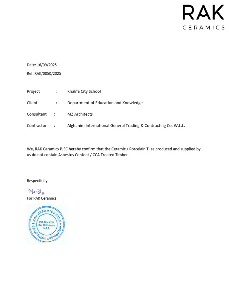 Khalifa City School Tile Certification | PDF