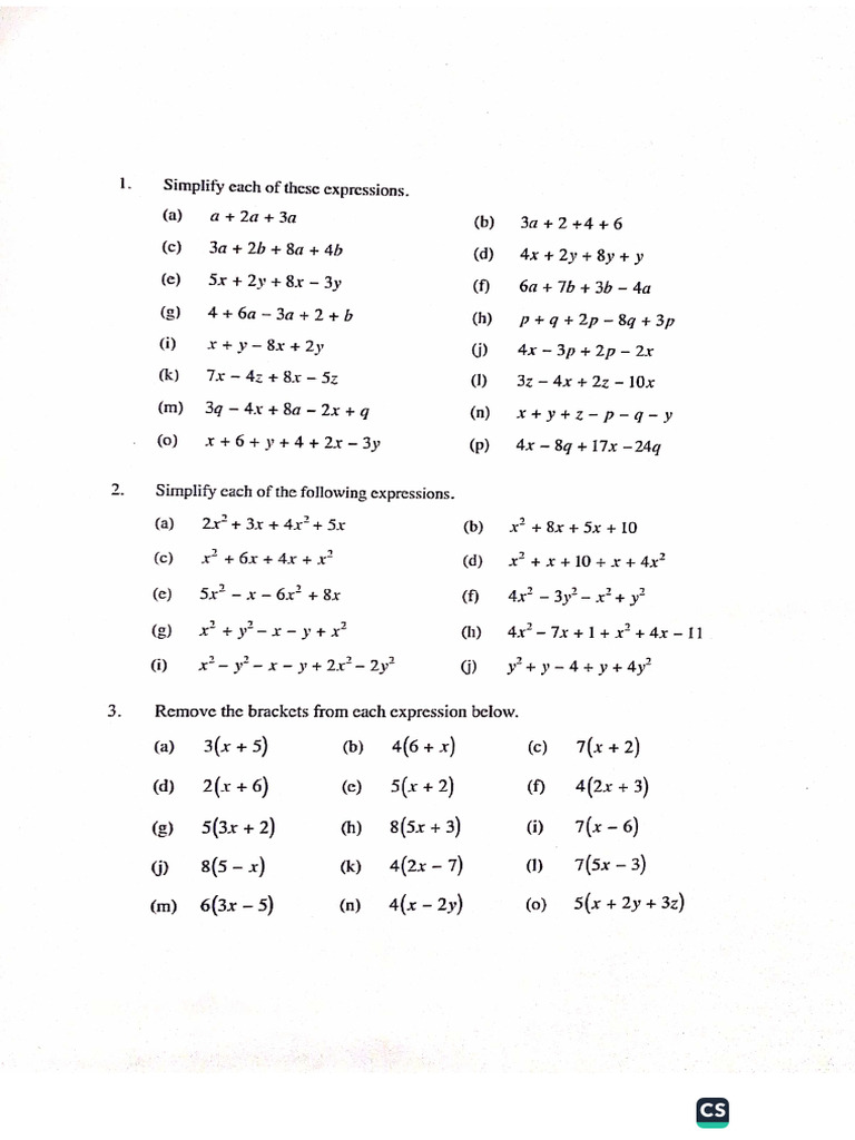 Simplifying Algebraic Expressions Notes and Worksheet | PDF
