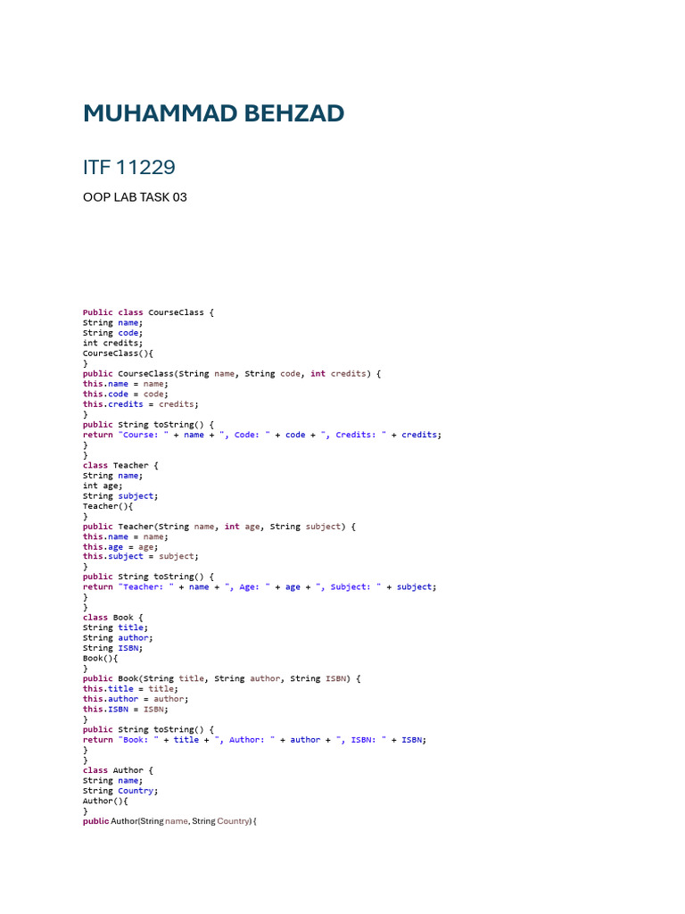 OOP Lab Task: Java Classes Overview | PDF