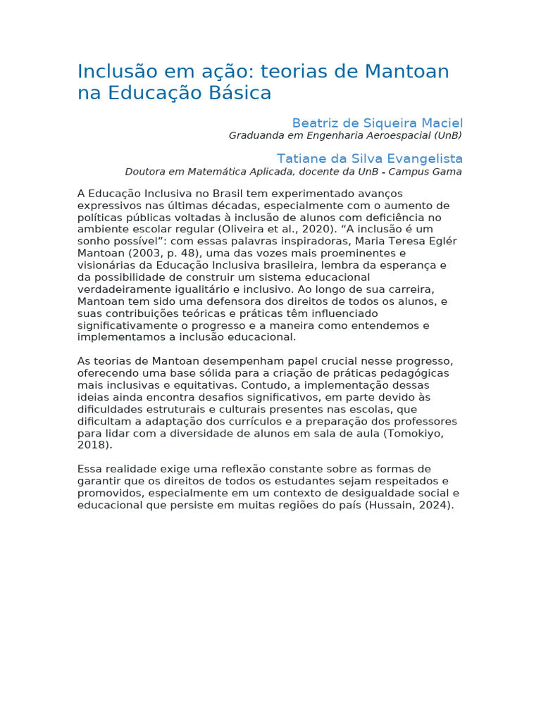 Teorias de Mantoan na Educação Inclusiva | PDF | Inclusão (Educação ...
