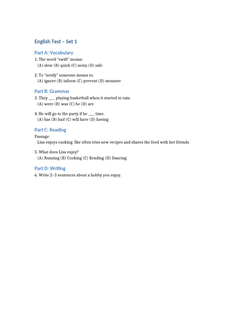 English Test: Vocabulary, Grammar, Reading | PDF