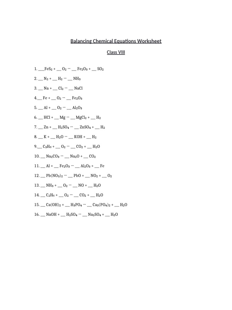 Chemical Equations Balancing Worksheet | PDF