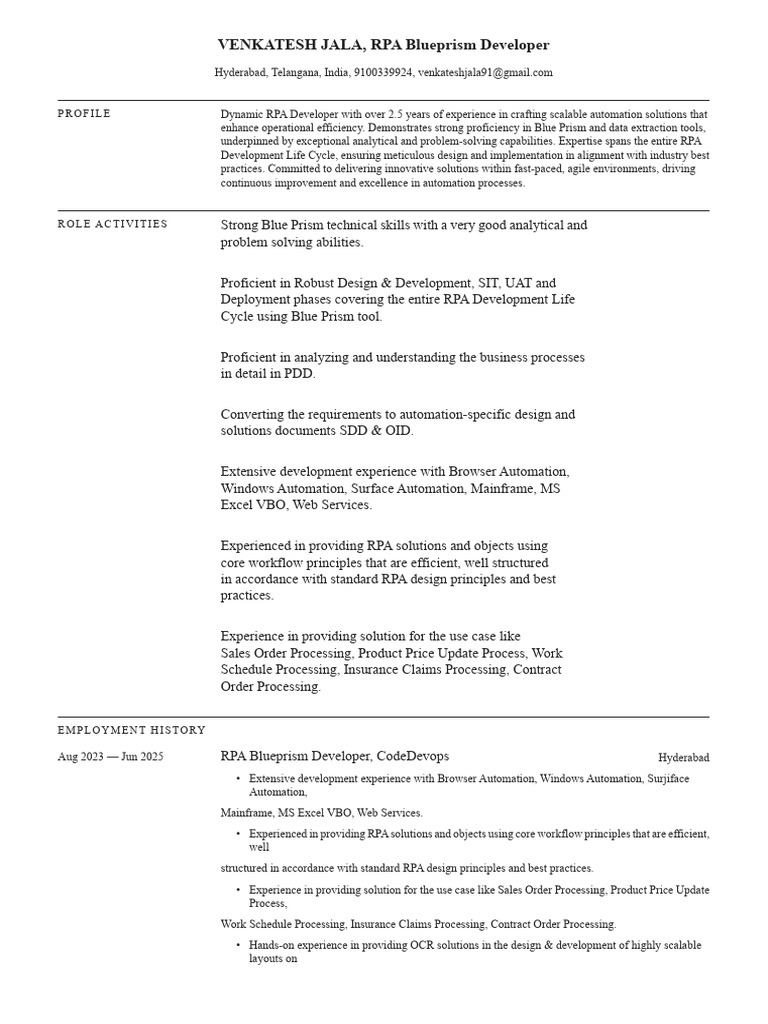RPA Blue Prism Developer Resume | PDF | Computing | Information Technology