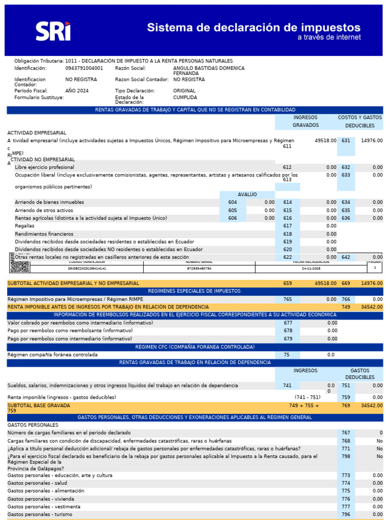 Declaracion 872933480794 | PDF | Impuestos | Impuesto sobre la renta