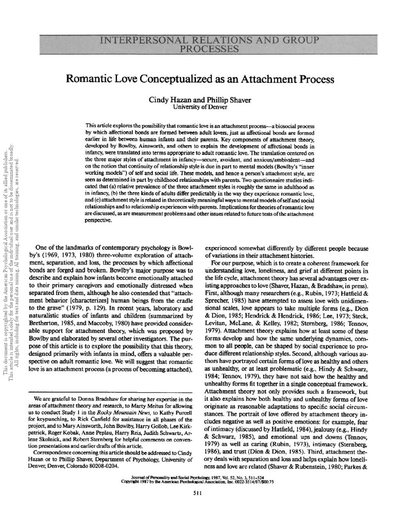 Romantic Love Conceptualized A | PDF | Attachment Theory ...