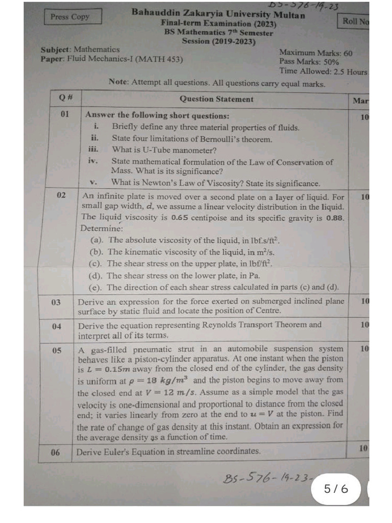 Fluid Mechanics I (MATH 431) Past 19 To 23 | PDF
