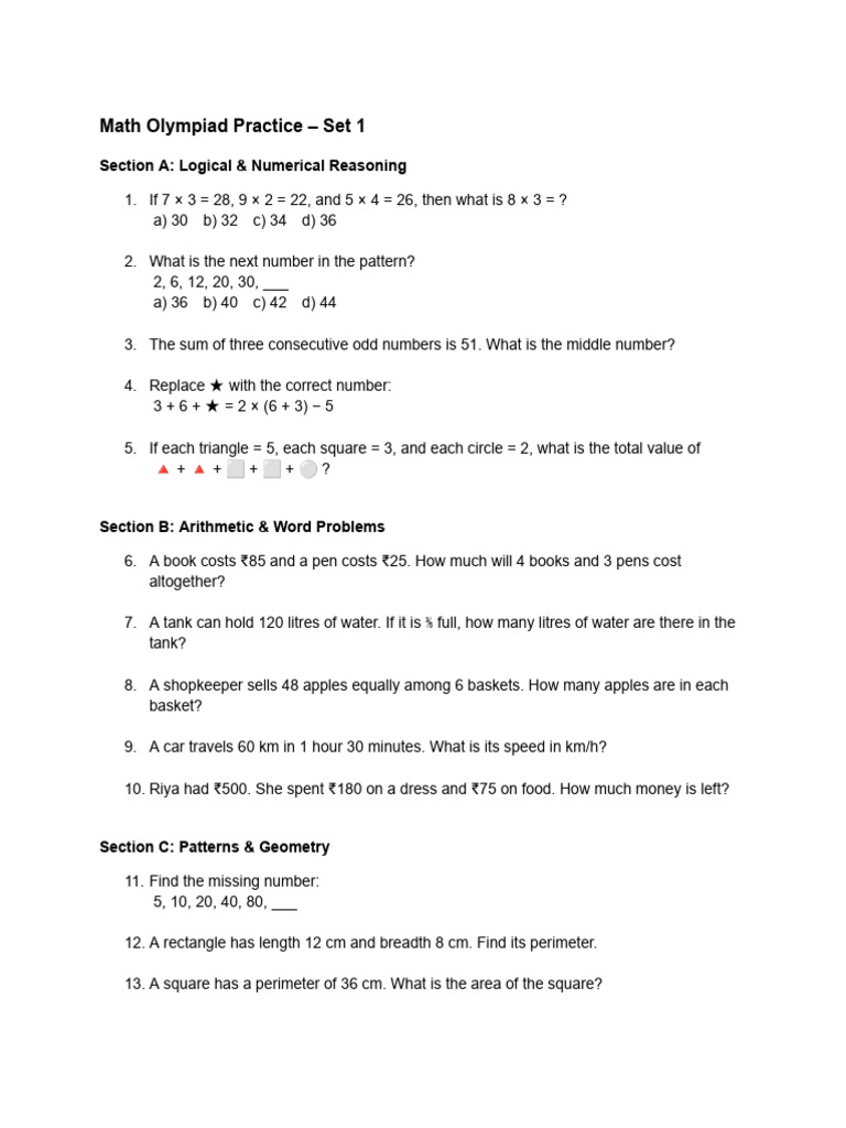 Math Olympiad Practice Questions Set 1 | PDF