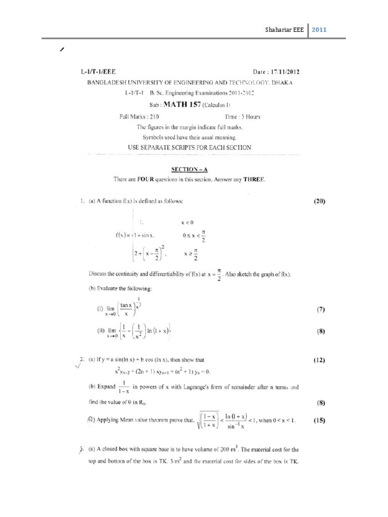 BUET MATH 157 Questions of Batch 11 | PDF