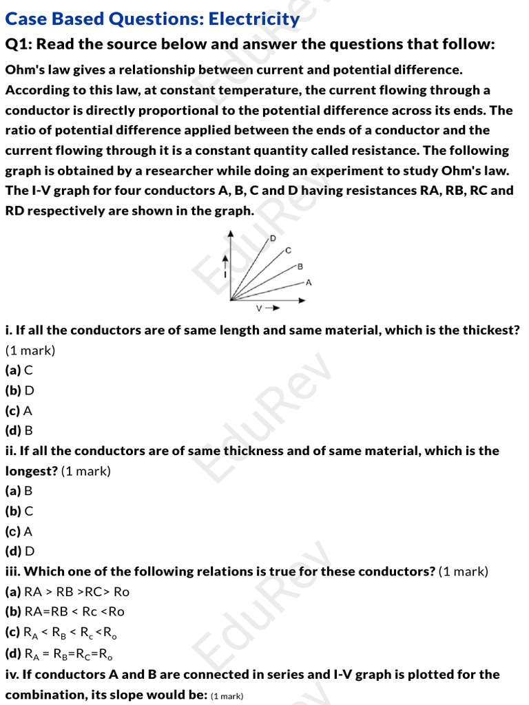 Case Study Questions on Electricity Concepts | PDF | Series And ...
