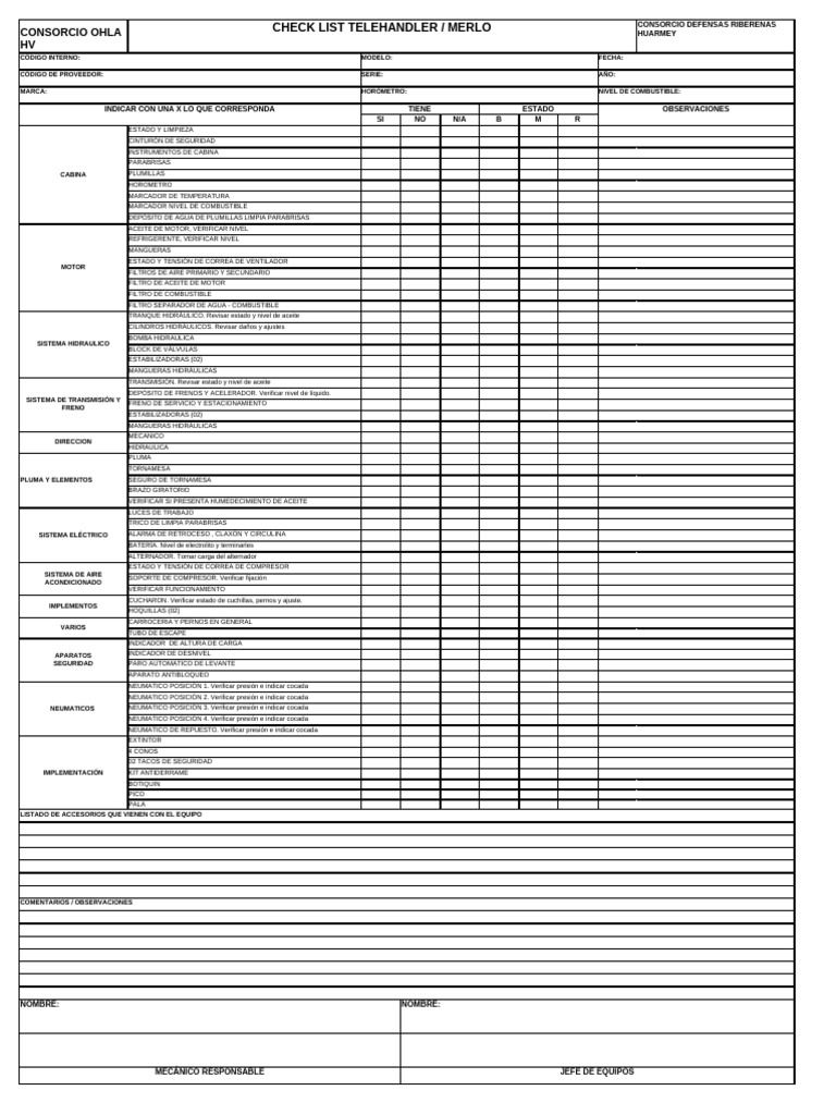 Checklist de Mantenimiento Telehandler Merlo | PDF | Neumático | Presión