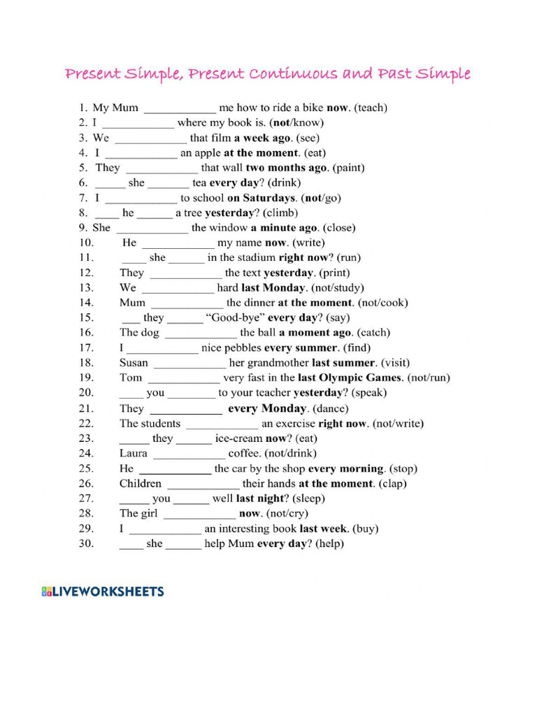 Worksheet - Present Simple. Present Continuous, Past Simple | PDF