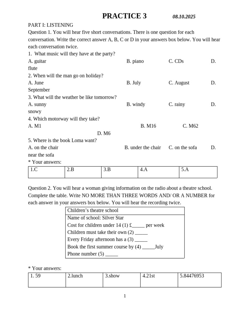 Listening and Grammar Practice Test | PDF | Sydney | Santa Claus