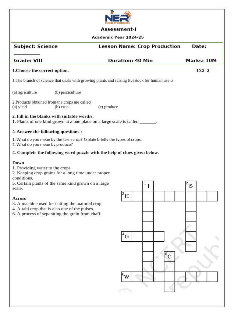 Crop Production Assessment for Grade VIII | PDF