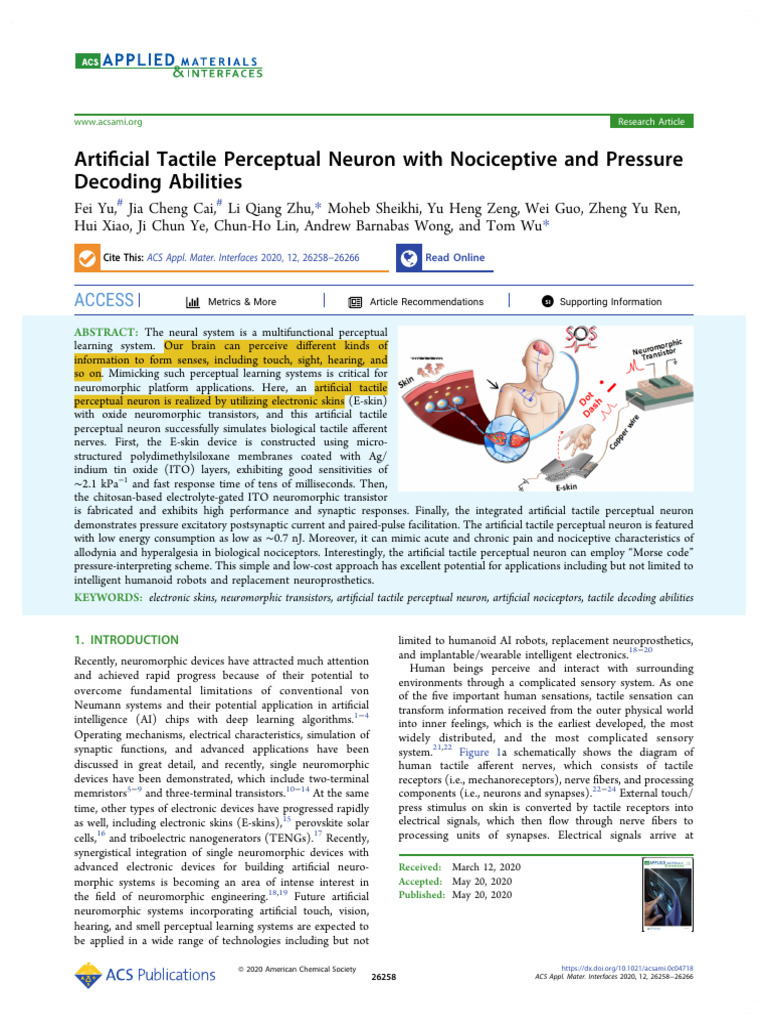 Artificial Tactile Neuron with Pain Sensing | PDF | Synapse | Stimulus ...