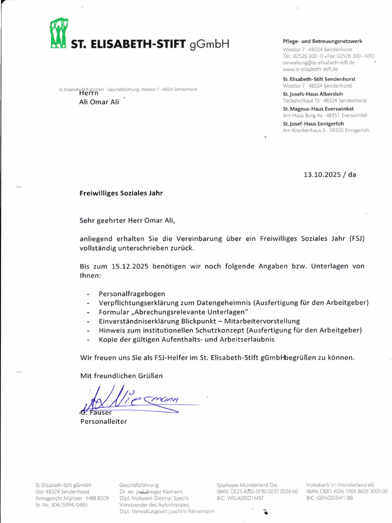 FSJ Vertrag Ali Omar Ali - St. Elisabeth-Stift 2025 | PDF
