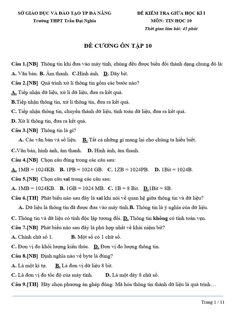 ĐỀ CƯƠNG TIN 10 | PDF