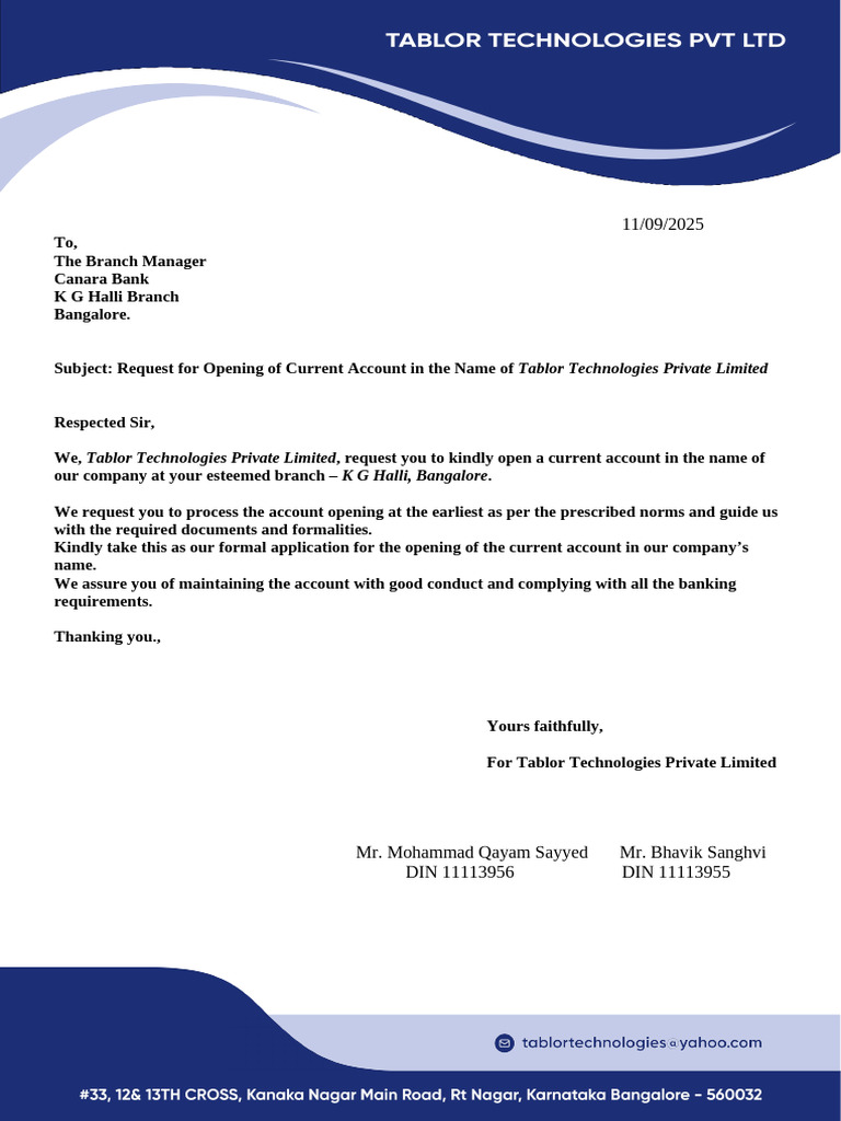 Current Account Opening Request Letter | PDF