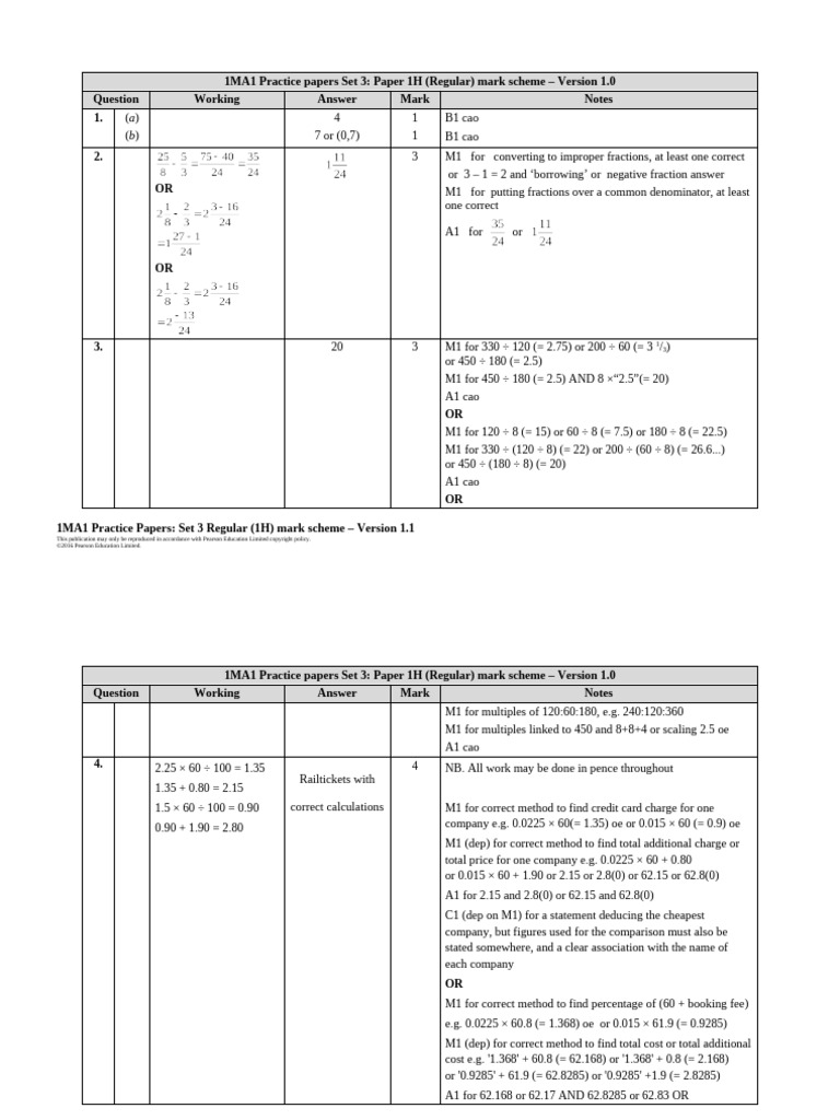 1MA1 Paper 1H Set 3 Mark Scheme | PDF