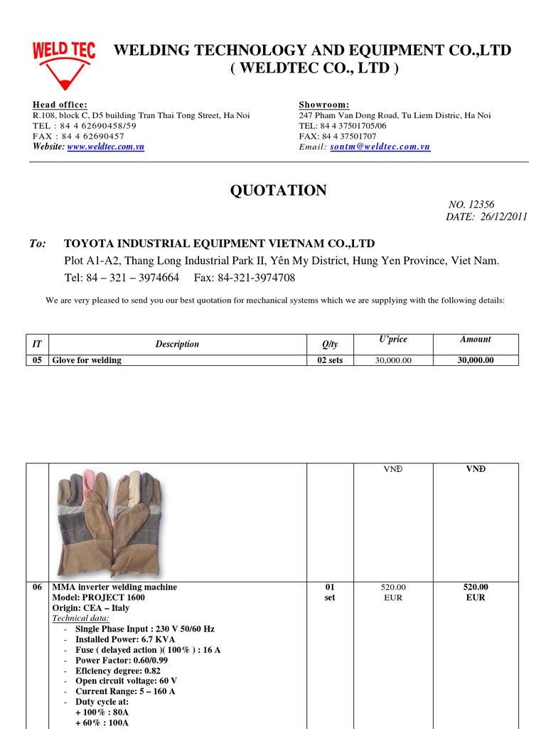 Weldtec Quotation for Toyota Vietnam | PDF | Business