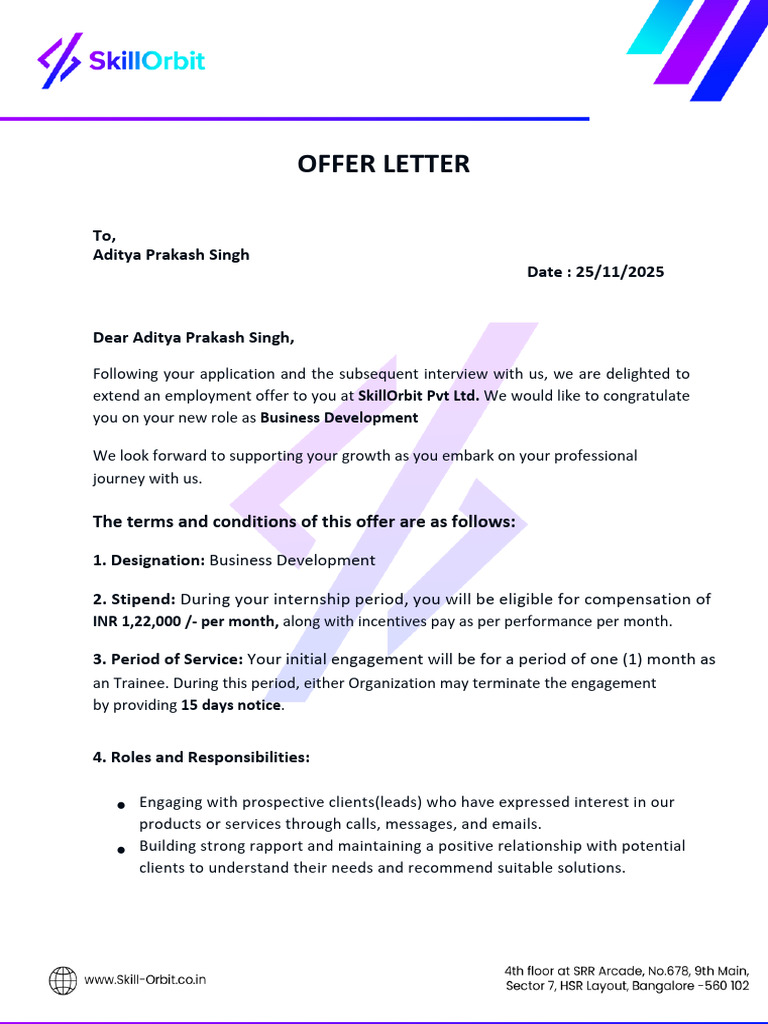 Business Development Internship Offer Letter | PDF | Employment | Business