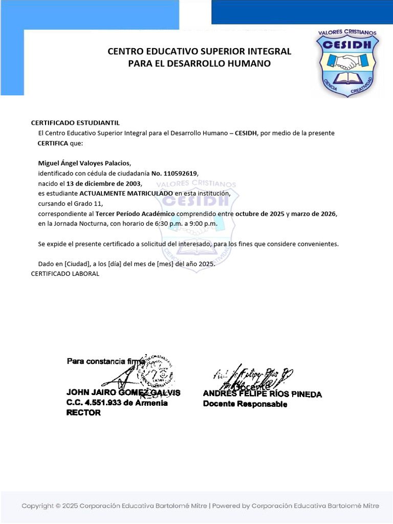 Certificado Estudiantil CESIDH 2025 | PDF