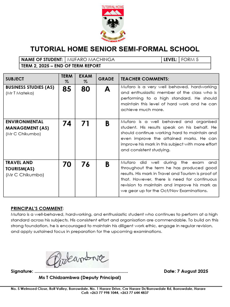 Mufaro Machinga's Term 2 Report 2025 | PDF