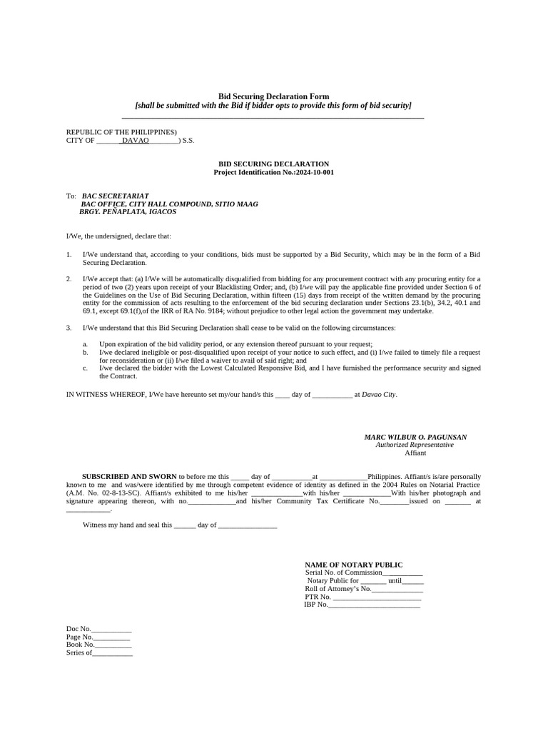 Bid Securing Declaration 700k | PDF | Affidavit | Government