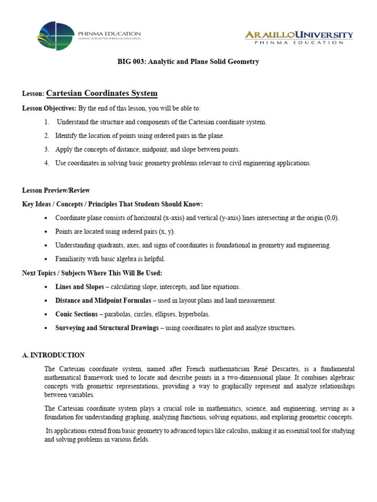 Module 5 - Cartessian Coordinate System | PDF | Cartesian Coordinate ...