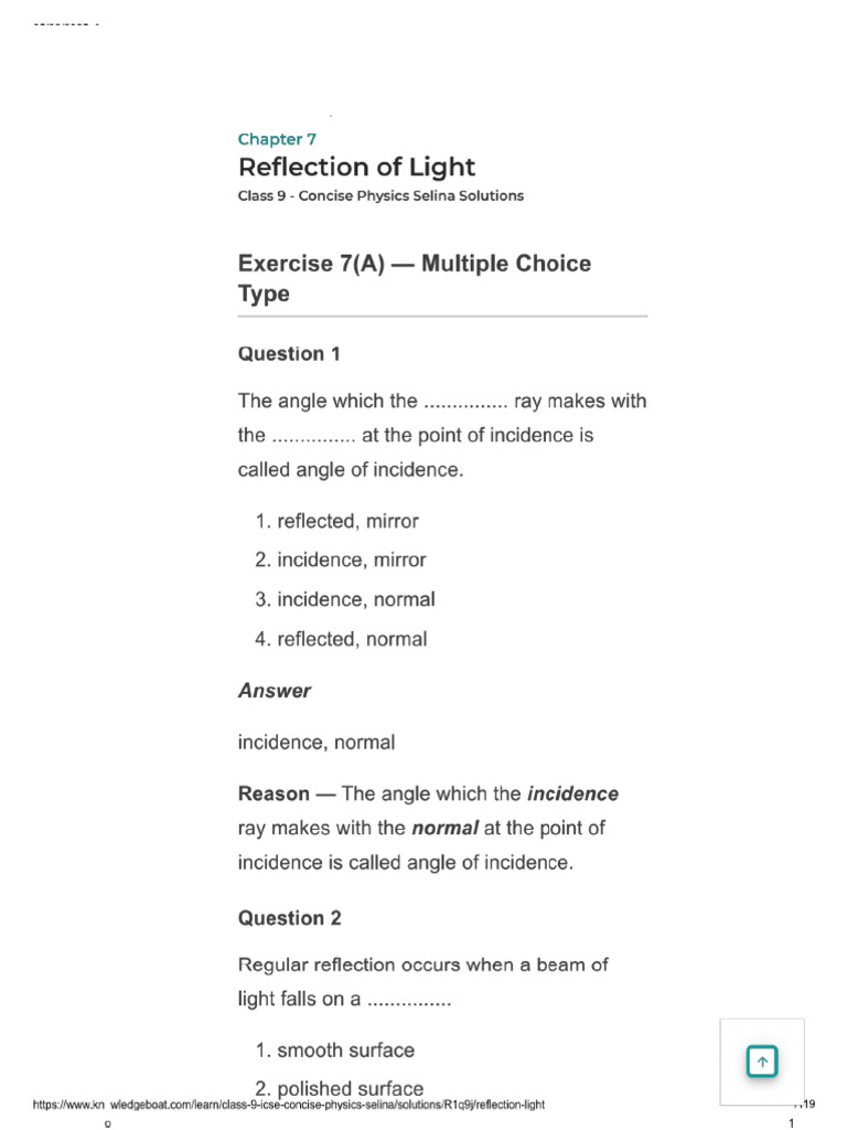 Reflection of Light, Class 9 - Concise Physics Selina Solutions | PDF