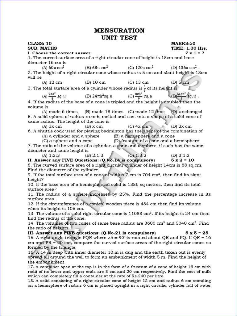 10th Maths Unit Test 1 Model Question Paper English Medium PDF Download ...