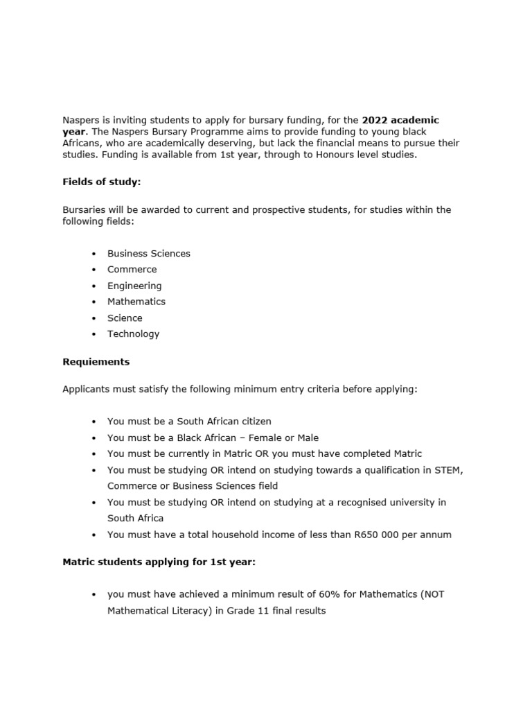 Naspers Bursary Application 2022-2023 | PDF | Educational Stages