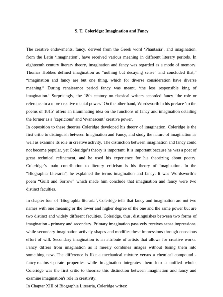 Note On Fancy and Imagination | PDF | Imagination | Samuel Taylor Coleridge