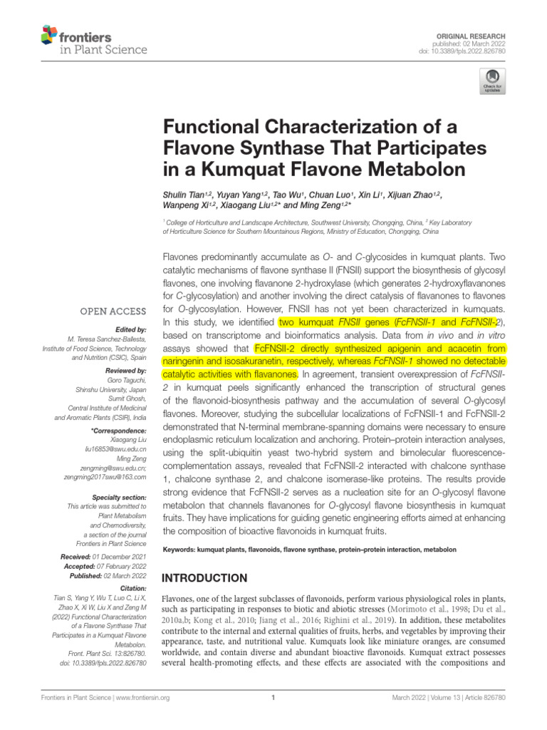 2022 - Functional Characterization of A Flavone Synthase - Frontiers in ...