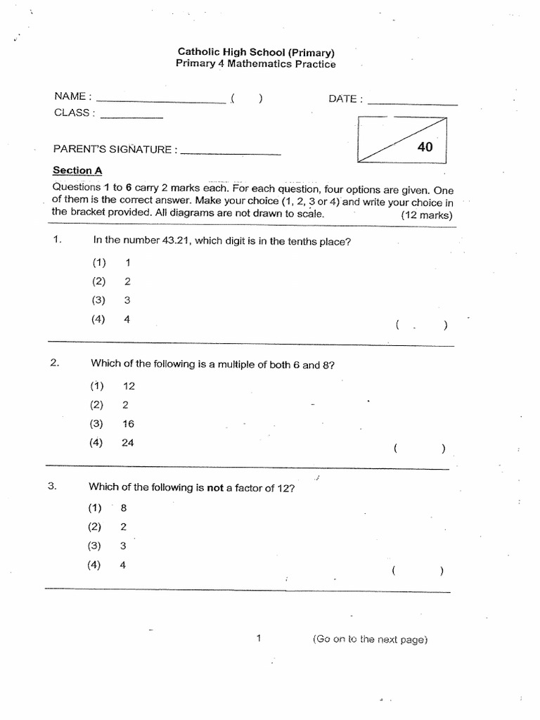 2024 P4 Maths Practice Catholic High | PDF