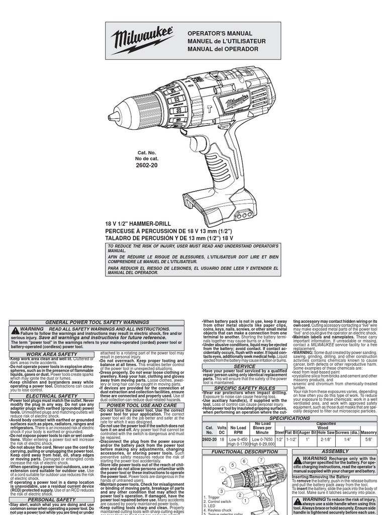 Milwaukee 18v HammerDrill Manual Electricity Safety