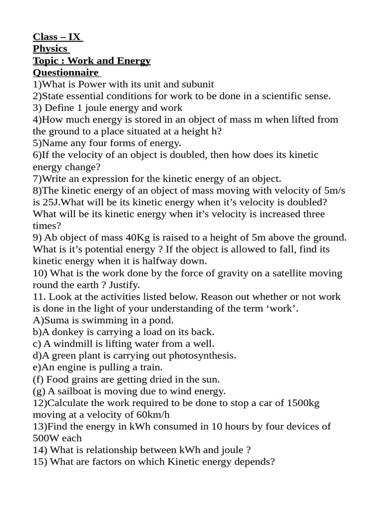 9 Physics Questionnaire Work and Energy | PDF