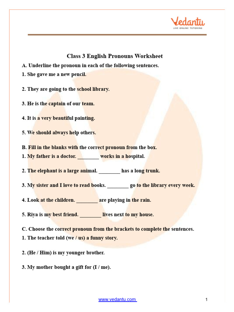 Class 3 Pronouns Worksheet Guide | PDF | Pronoun | Linguistics